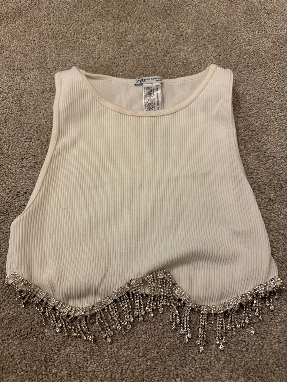 Zara Cream Ribbed Tank with Crystal Fringe Hem